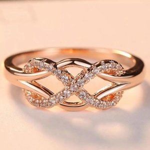 New 18K Rose Gold Diamond Infinity Cross Knot Ring, cute Ring, shiny Ring.